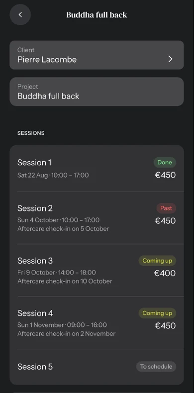 Example of a project in the needlz app: client details and tattoo follow-up