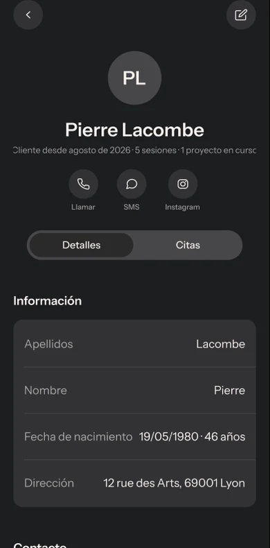Pantalla de la app: Toda la información del cliente