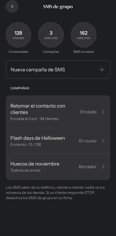 Pantalla de la app: Tus SMS listos para enviar
