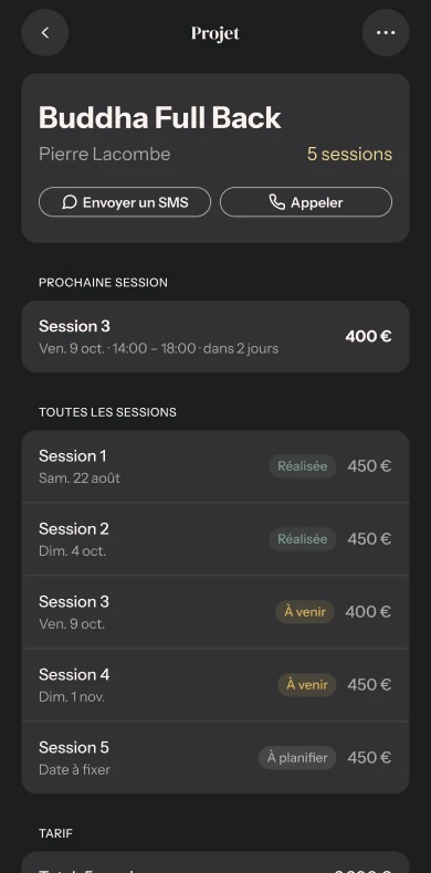 Exemple d’un projet dans l’app needlz : informations client et suivi du tatouage