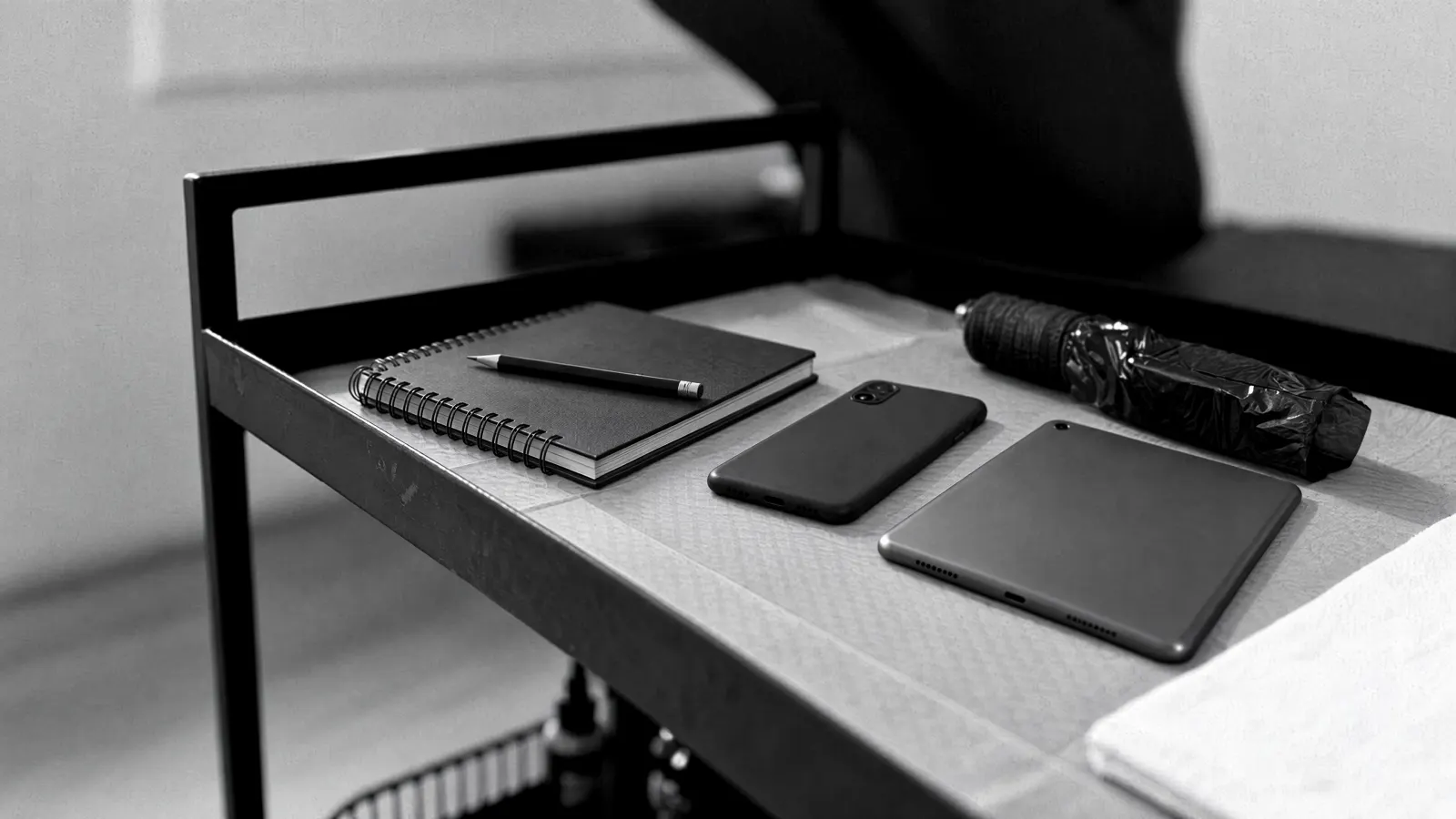 A paper appointment book, a phone and a tablet on a tattoo studio trolley